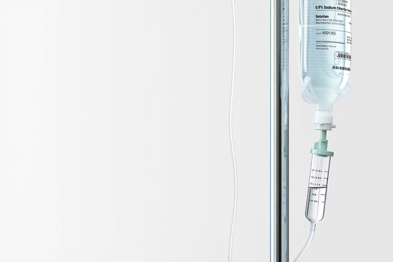 Крупный план пакета для внутривенного вливания с прозрачной трубкой и медицинским оборудованием