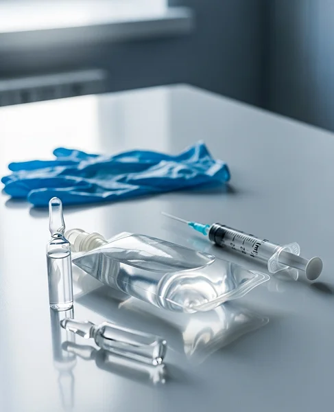 Компоненты капельницы на столе