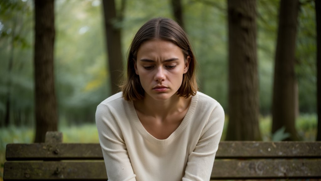 Девушка сидит на лавочке в лесу